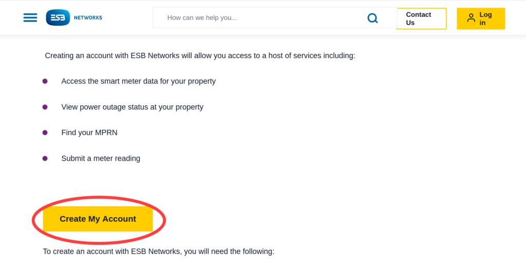 ESB Networks portal page with 'Create My Account' button highlighted