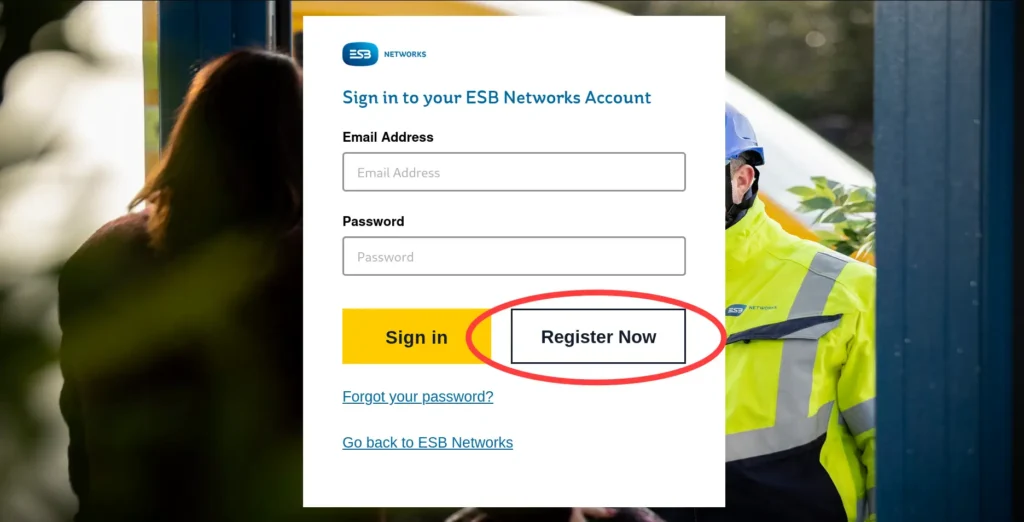 ESB Networks registration page with 'Register Now' button