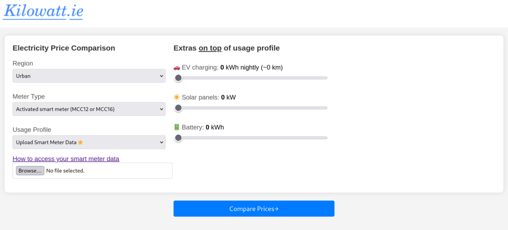 Screenshot of Kilowatt.ie Price Comparison Tool